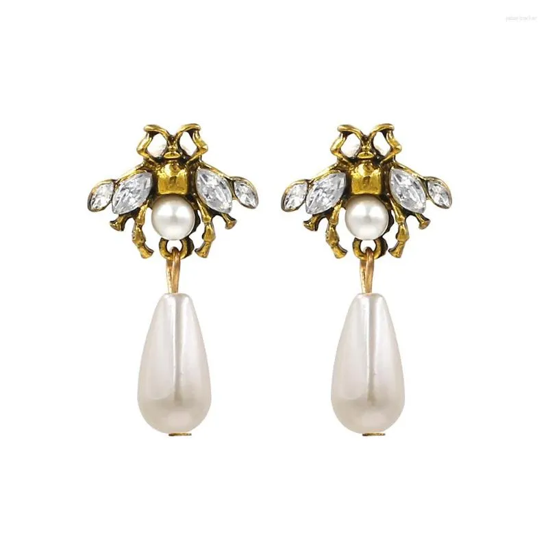 Pendientes colgantes Fasion lujo perla simulada abeja gota nupcial para mujeres insecto cristal fiesta colgante Brincos joyería de boda