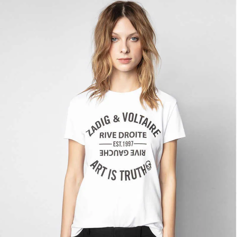 Zadig Voltaire 23SS Designer T Shirt Algodón ZV Camisetas para mujeres Classas Capas de manga de manga corta de algodón puro de algodón puro estampado