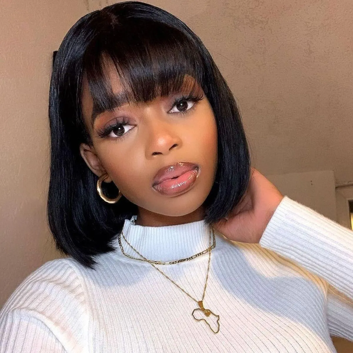 Synthetic Wigs Short Bob Human Hair Wig With Bangs Fringe Full Machine Made Glueless For Black Women Straight Virgin Brazilian Pixie Cut 230818