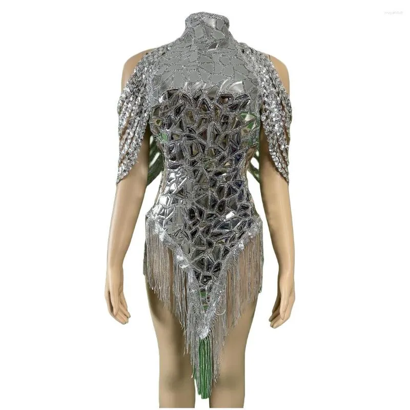 Vêtements de scène paillettes argentées scintillantes femmes robe Showgirl fête spectacle Performance glisser Costume discothèque gland tenue