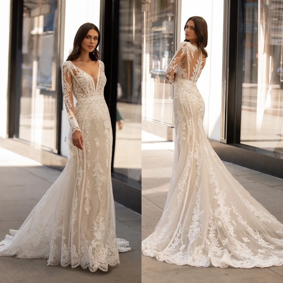Sleeveless Mermaid Fitted Wedding Dresses Lace Appliques Sweep Train
