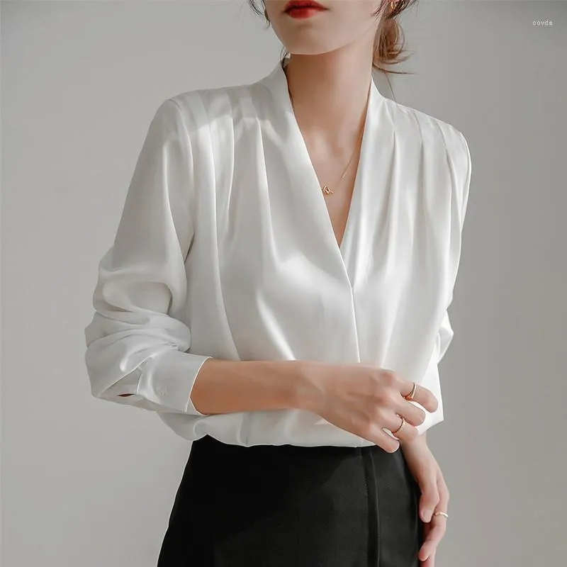 Women's Blouses French Satin White Dark Blue Shirt Women 2023 Fashion Blouse Long Sleeve V-neck Temperament Office Lady Businesswomen Tops