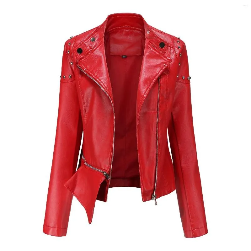 Femmes en cuir Rivet moto manteau pour femmes Moto motard fermeture éclair veste 2023 automne Faux rouge vert noir Beige XXS XS