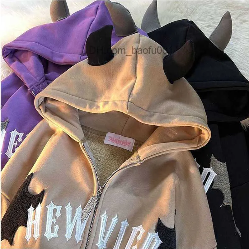 رجال رجال الرجال من النوع الثقيل الهيب هوب الظلام الخفافيش الجناح الشيطان قرن القوطية up up hoodie سترة الرجال نساء من النوع الثقيل من النوع الثقيل kawaii harajuku الشتاء y2k w0313 Q230821