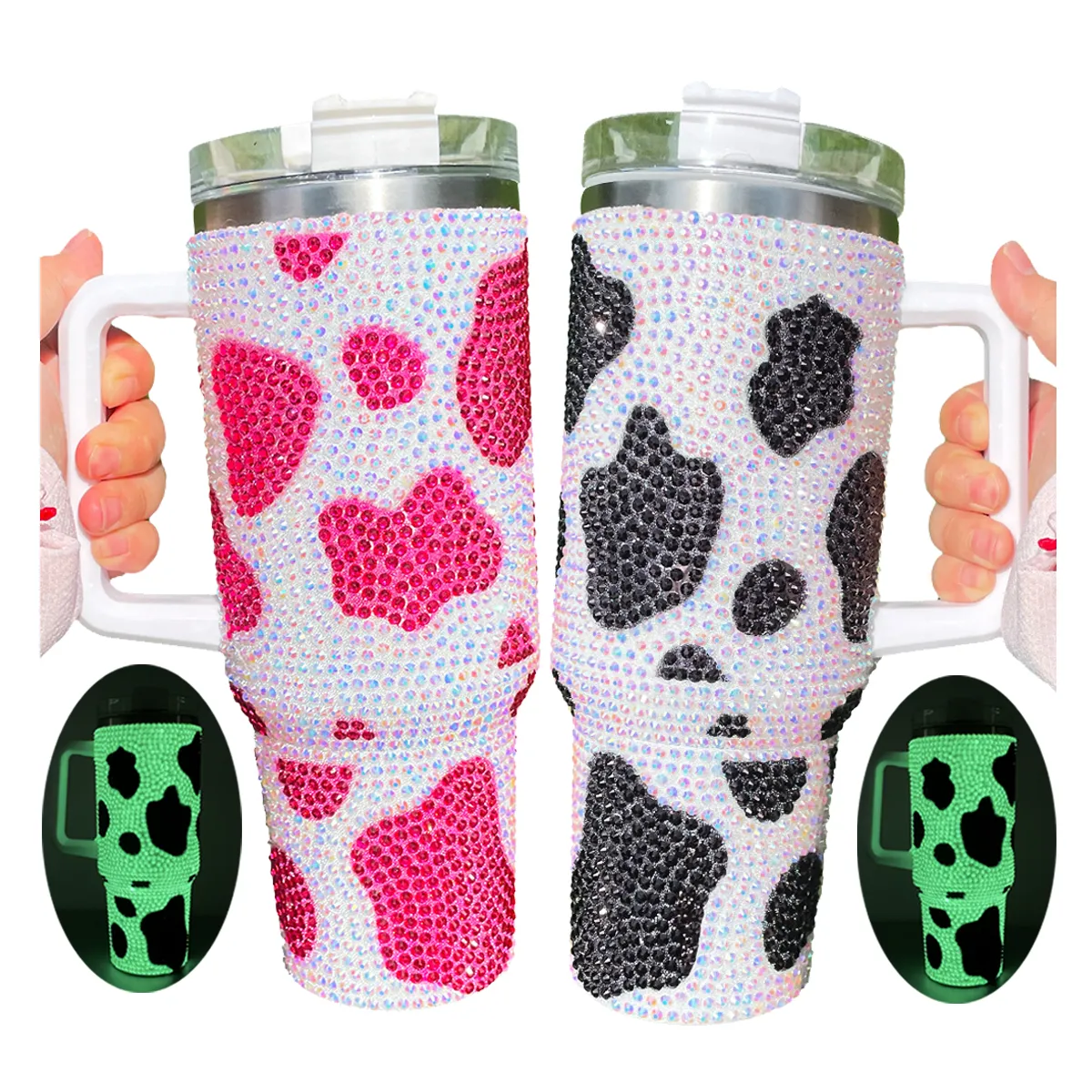 40oz GITD sparkly cow print rhinestone 40oz black brown purple blue rose vacuum insulated full wrap quencher tumbler travel mug with handle lid and straw