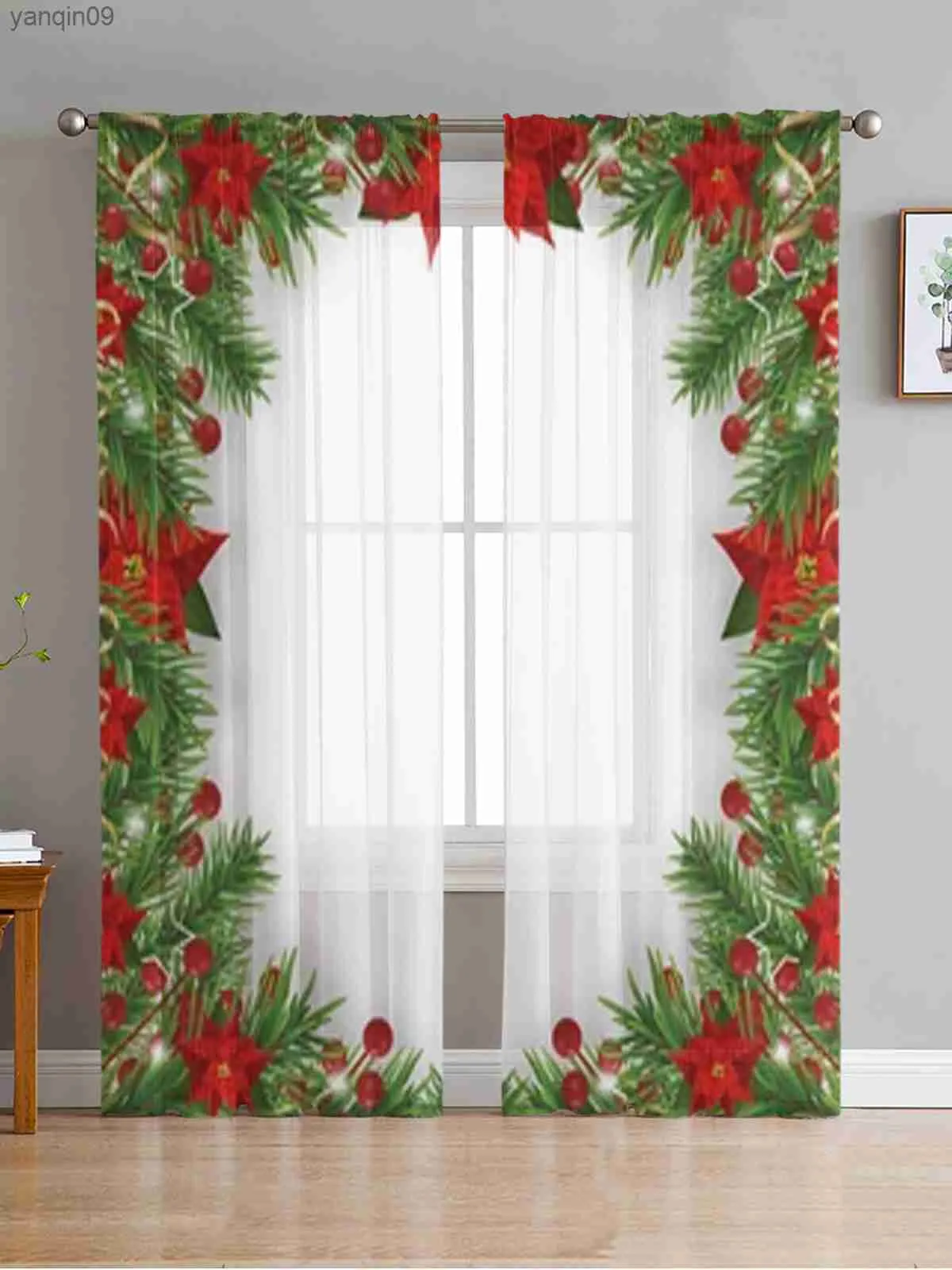 1pc Cortinas Cocina Poinsettia Valances Rojas Verdes Flores - Temu