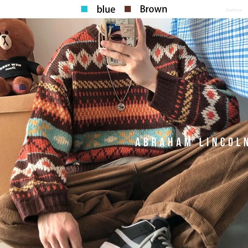 Men's Sweaters Thicken Sweater Winter Spring Needle Knitted National Wind Round Neck Pullover Geometric Pattern Loose Big Cuff Tops Men