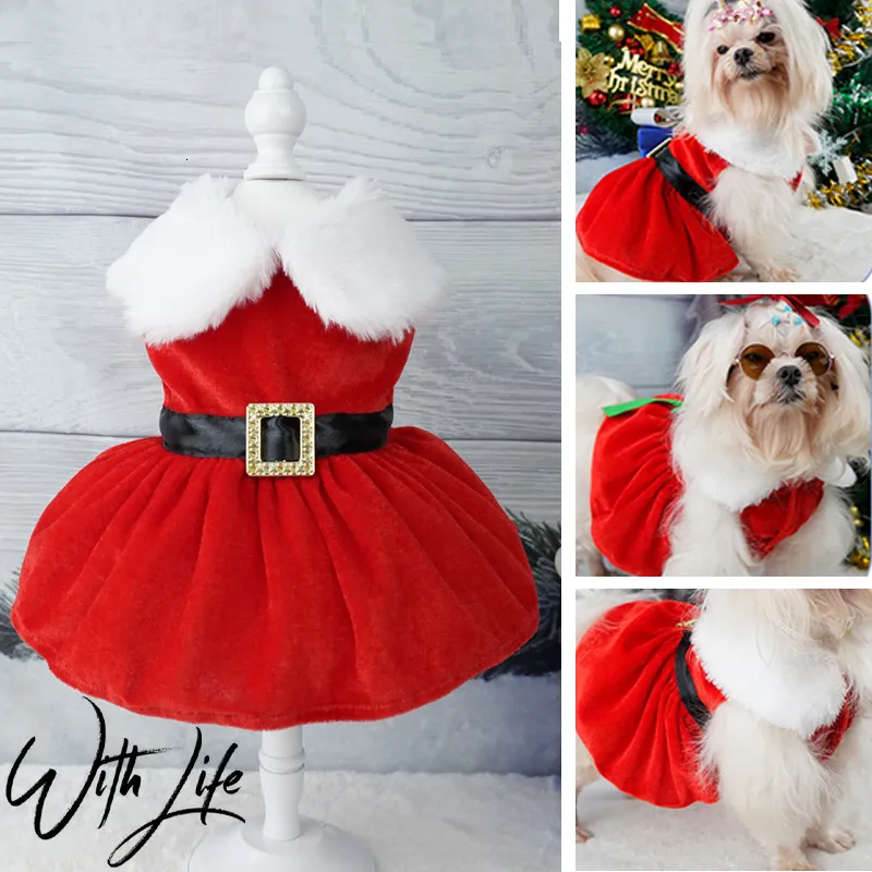 Ropa para perros Abrigo de Navidad Ropa para perros Vestido para perros Vestido de Navidad Falda roja Mascotas Gato Vestido cálido Falda con lazo Suministros para mascotas cómodos Disfraz para perros 230821