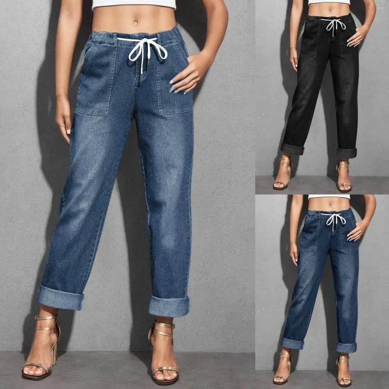 Women's Jeans Women Casual Simple Fashion Strap Zipper Half Elastic Waist Pocket Straight Denim Trousers