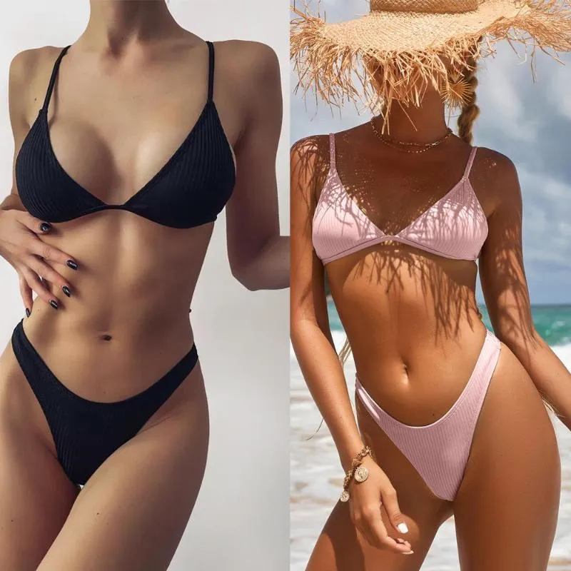 Swimwear femminile 2023 tessuto a costole a colori solidi Tre punti Bikini Sexy Swimsuit Women High Waist Set