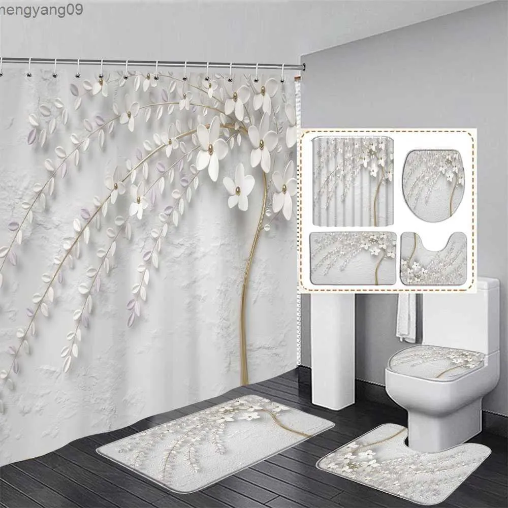 Rideaux de douche Bouquet élégant de fleurs blanches fantastiques Style 3D Rideau de douche Rideau de salle de bain avec tapis de bain Ensemble de tapis Floral Home Decor R230821