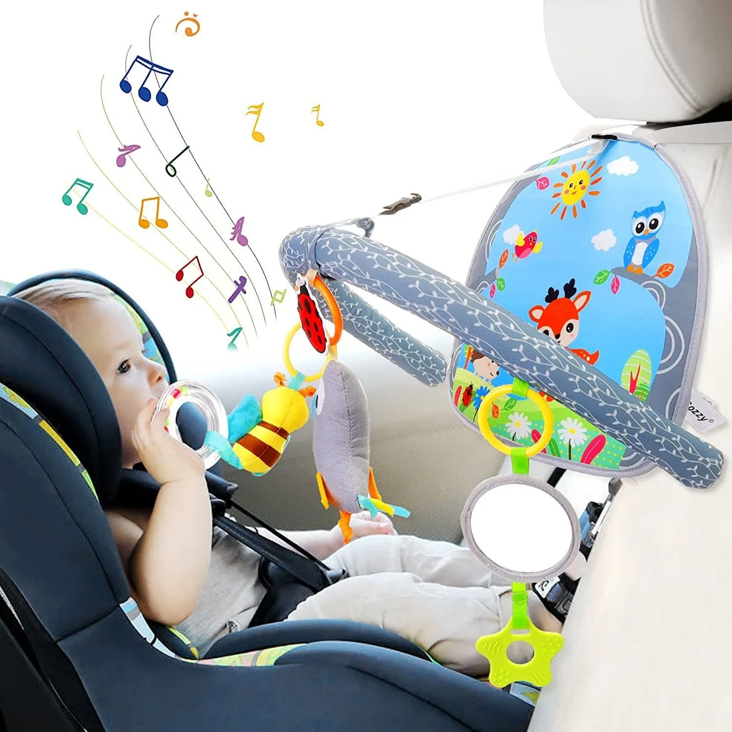 Barnvagnsdelar Tillbehör bakåt ansikte bilstol leksak baby kick lekaktivitet center bilstol aktivitet båge med musik spegel rattle leksaker för barn reser 230821