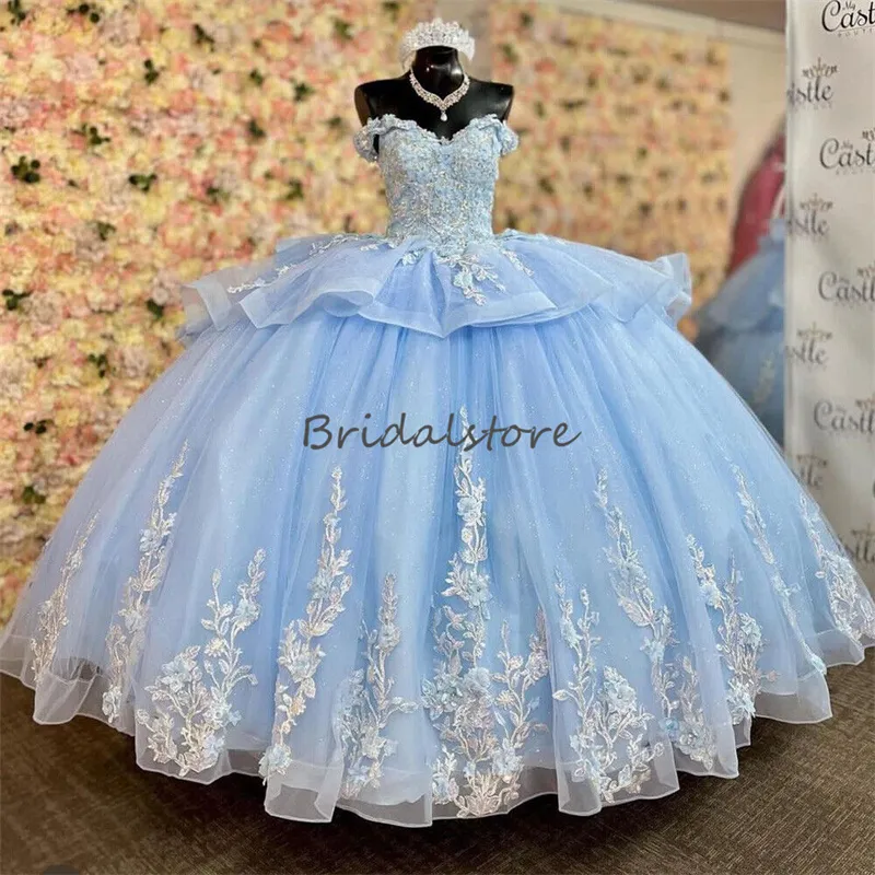 Robes De Quinceanera Bleues De Luxe 2023 Avec Dentelle Florale Perlée Para Xv Princesse Quinceaneras Robe De Fête D'anniversaire Robes De Vestidos 15 Ans Robe De Bal De Bal