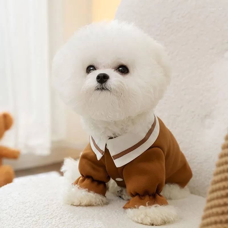 Dog Apparel Brown Pet Clothes Bear Print Polo Shirt Puppy Winter Hoodie Teddy Two Legs Thin Fleece Warm Jumper Collar