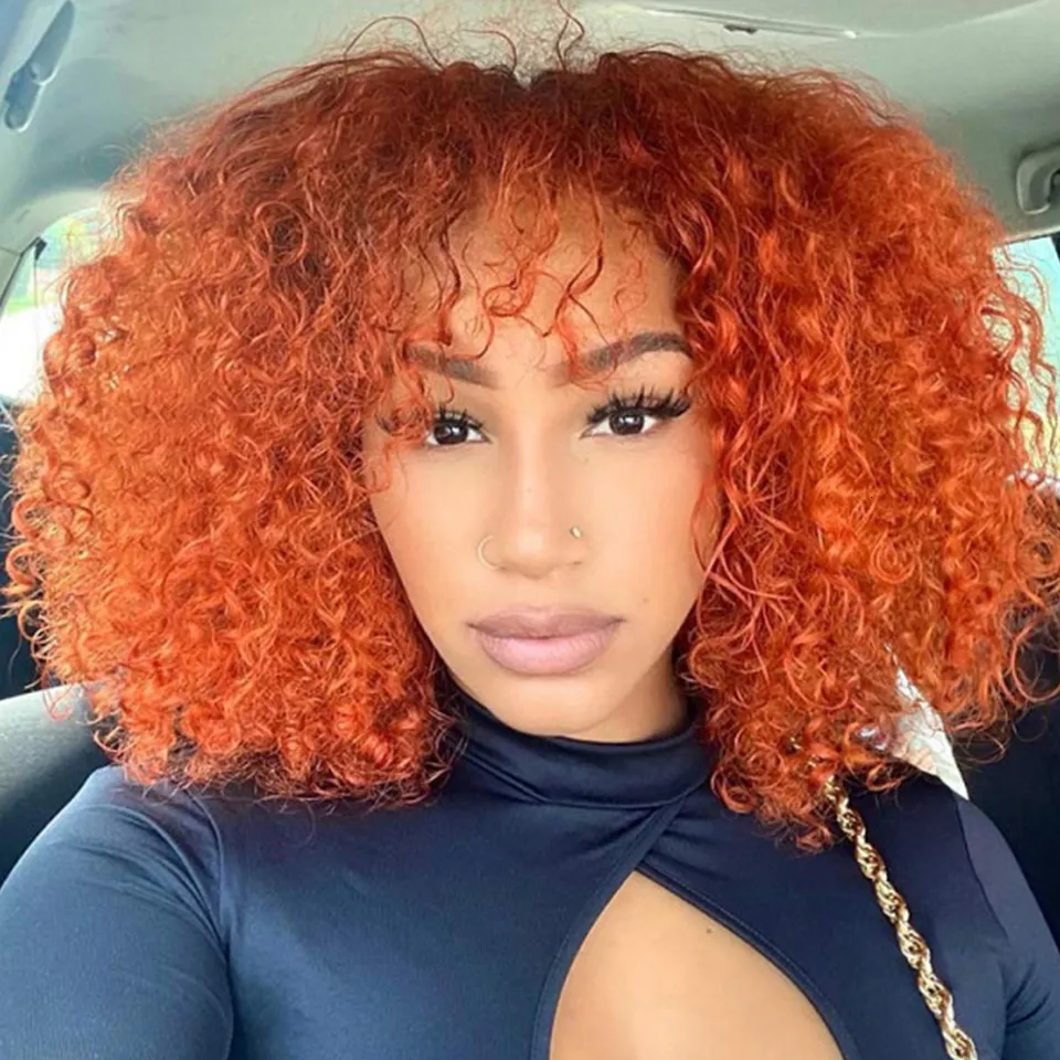 Perruques Synthétiques Orange Court Bouclé Bob Perruques de Cheveux Humains Avec Une Frange Sans Colle Pleine Machine Faite Perruques Perruques De Couleur Orange Pour Les Femmes Remy Perruque De Cheveux 230818