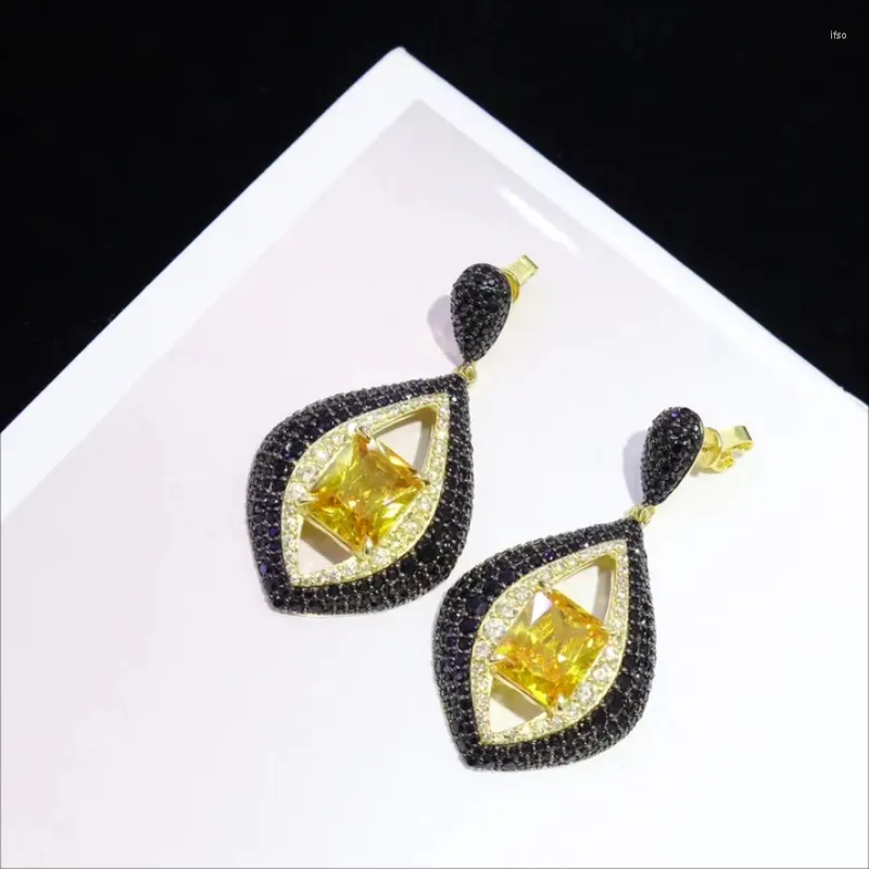 Brincos de Moda de Moda 925 Jóias de Luxúria de Prata Esterlina Black Zircônia Micro Pave Grande CLIP DE DROP PLOW AMARELO PARA MULHER