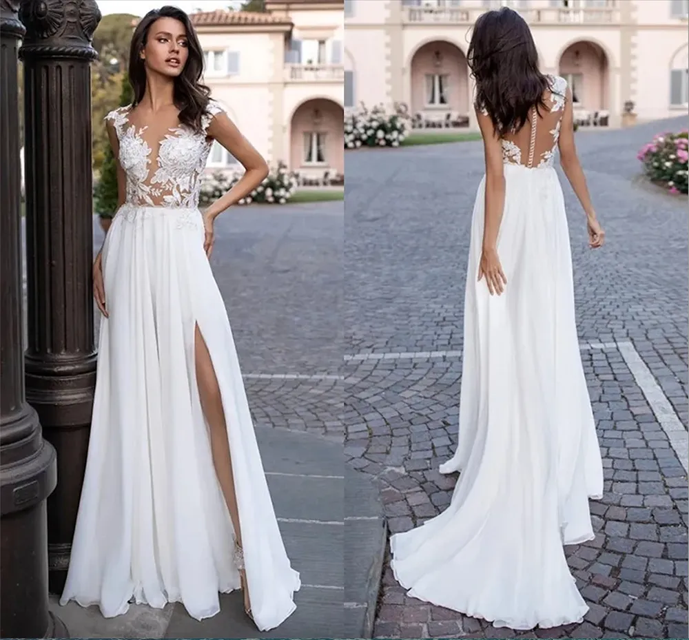 Summer Beach Boho abiti da sposa gioiello Appliques in pizzo Appliques Abito da sposa a manicotto da sposa sexy sweep treno in chiffon una linea abita de mariee illusione