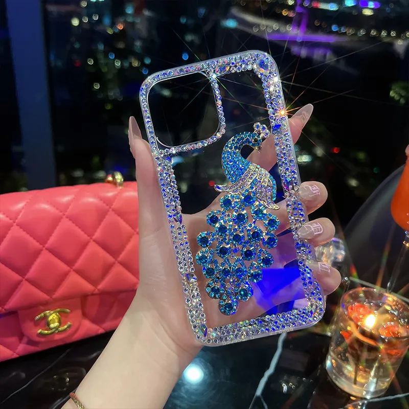 Luksusowe ręcznie robione 3D Peacock Bling Glitter Diamond Clear Clear dla iPhone'a 15 14 13 12 11 Pro Max XR 8 Plus Samsung S21 Fe S22 S23 Ultra A04 A24 A34 A54 A04E A13 A33 A53