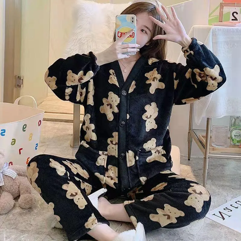 Korean Style Coral Fleece Bear Pattern Womens Pajama Set V Neck