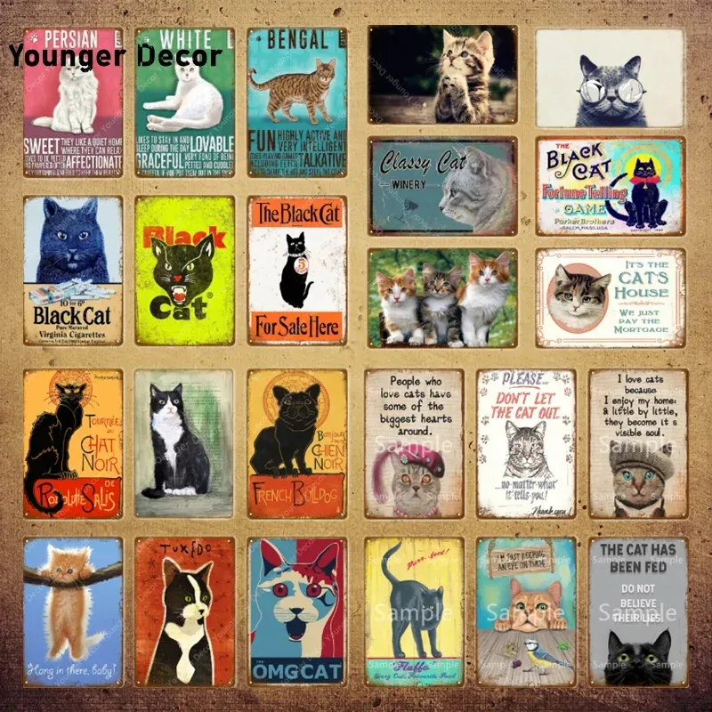 Witte zwarte kat vintage plaque poster schattige huisdier tinnen bord muur hangend metaal voor badkamer woonkamer café man grotecoratie grappige katten metaal schilderen 30x20cm w01