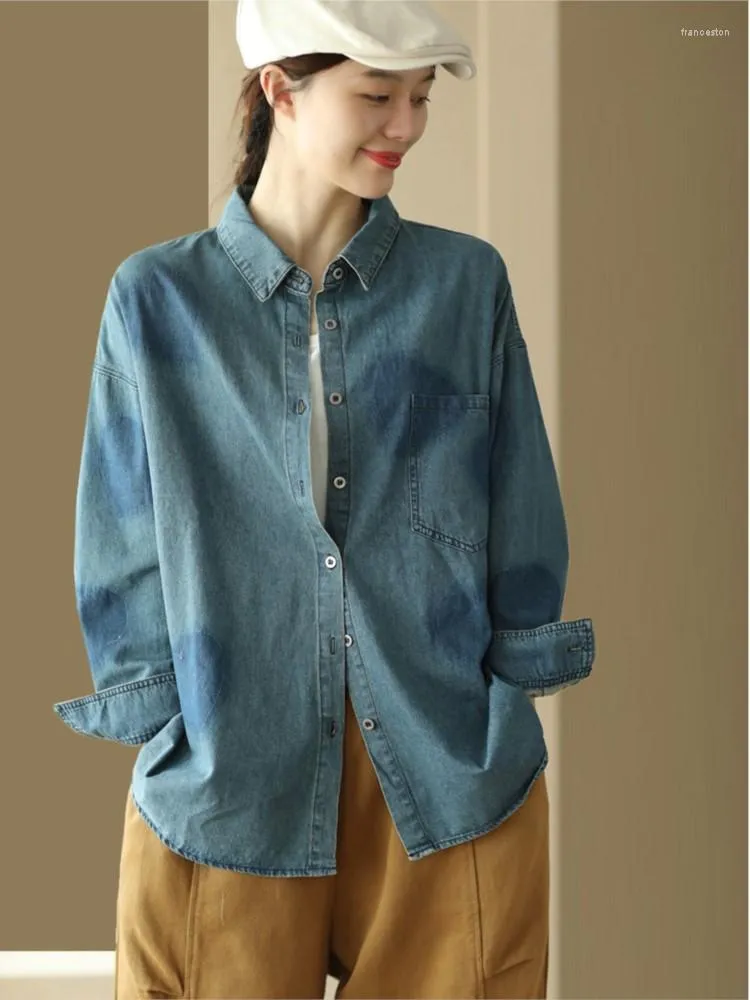 Camicette femminili da donna retrò camicia in denim 2023 bottino a turno inverno autunno invernali lavati tops casual sciolte camicetta vintage