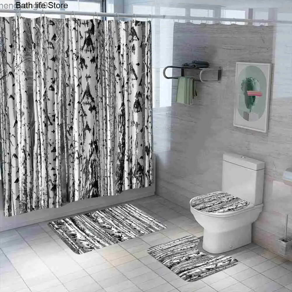 Shower Curtains 3D Art Misty Forest Shower Curtain Set Waterproof Polyester Fashion Fog Bath Curtain Anti-slip Rugs Toilet Lid Cover Bath Mat R230821