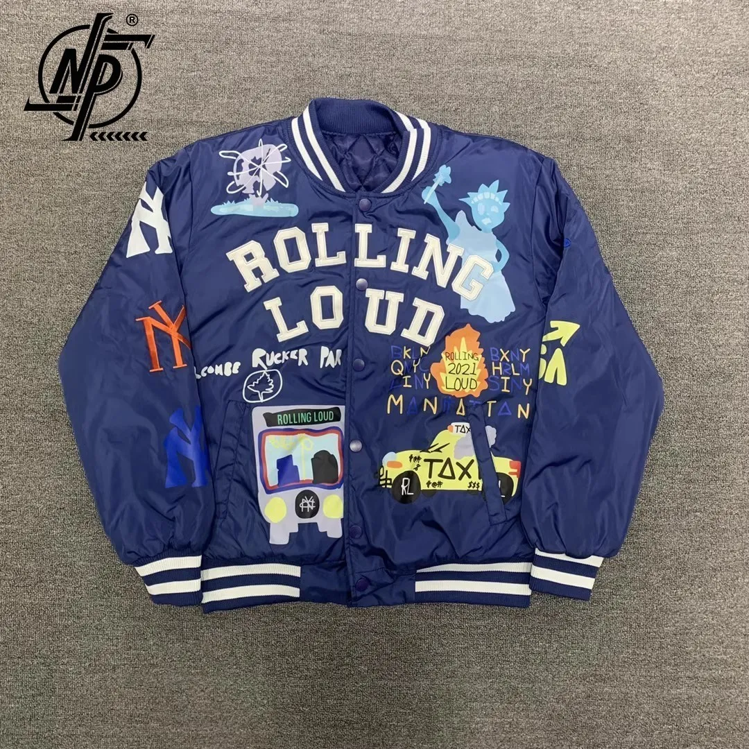 Chaquetas para hombre High Street Baseball Hombres Mujeres 1 Calidad Bordado de letras de dibujos animados Oversized Blue Varsity Coat Otoño 230818