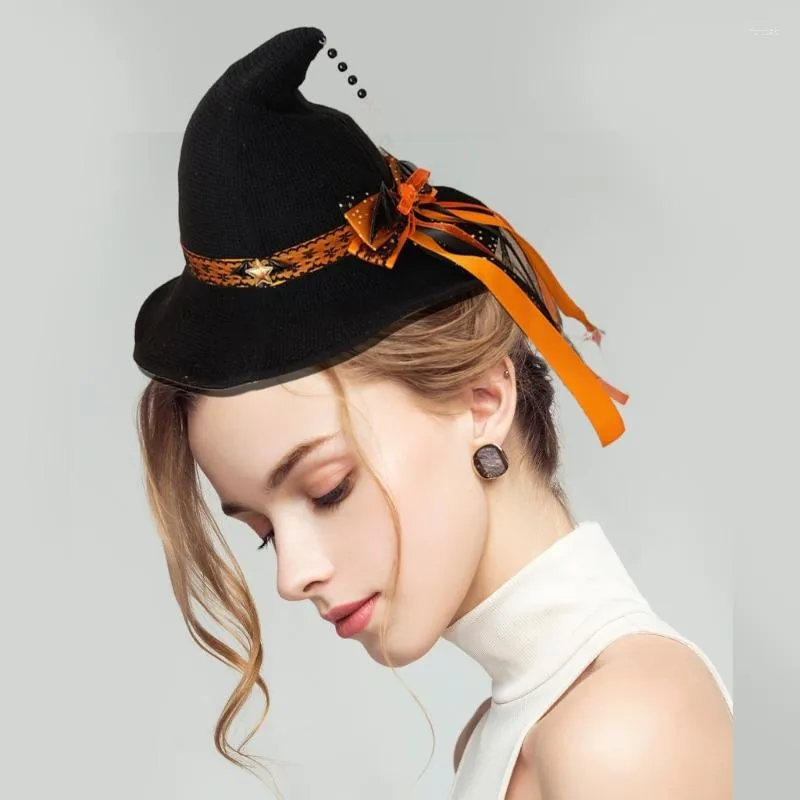 Basker bred Brim Witch Hat Cosplay Costume For Women Men Teenagers Halloween Party Decorations with Pendant Long Ribbon Tulle
