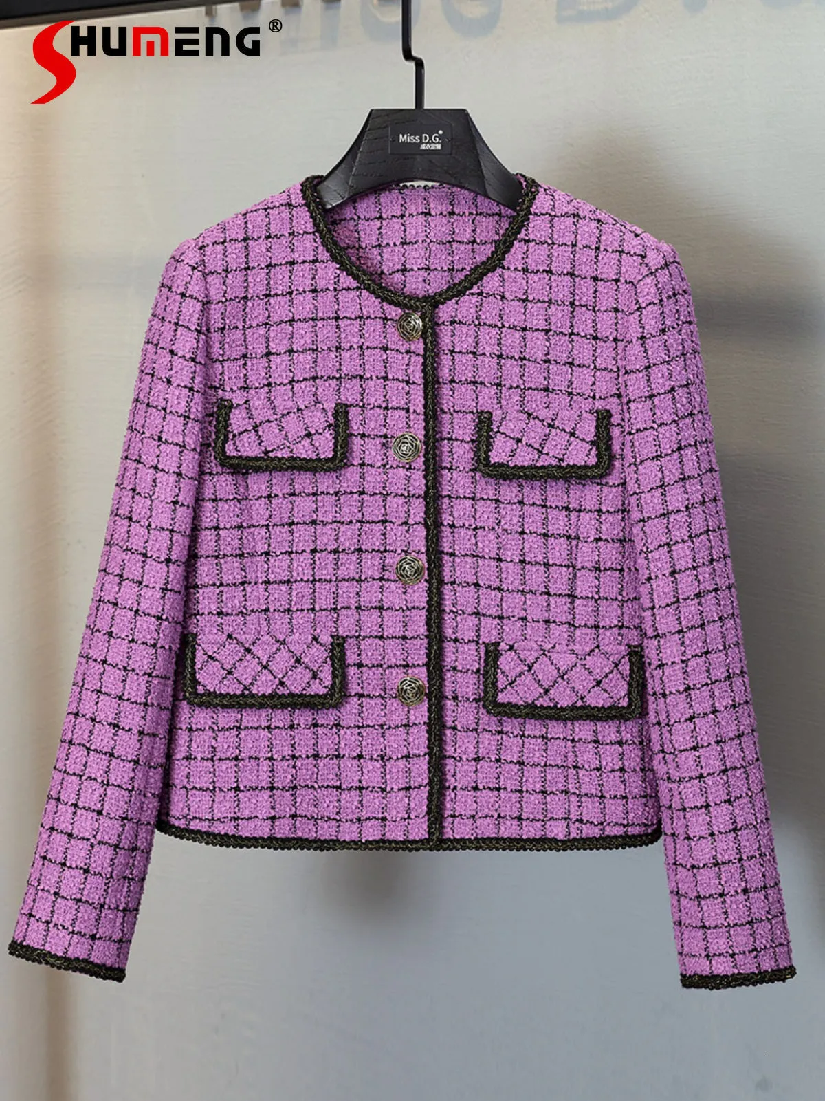 Kadın Ceketler Sonbahar Şık Zarif Patchwork Tüvey Dış Giyim Coat Ladies Ofis Lady Basit Yuvarlak Boyun Mor Ceket 230818