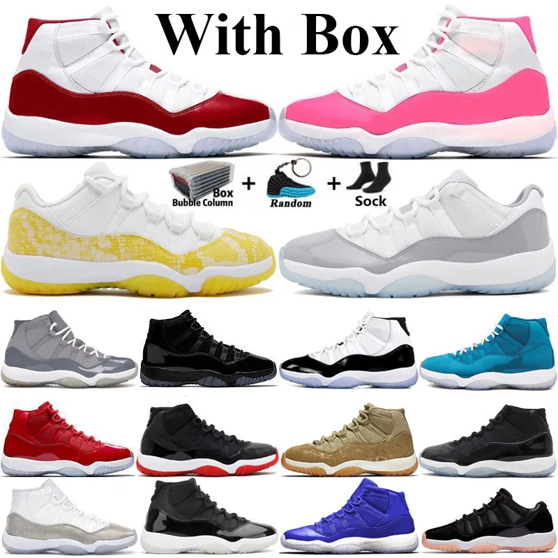 مع Box Jumpman 11 Basketball Shoes Men Women 11s Cherry High Pink Yellow Snakeskin Cool Bred Bred Olive Low Cement Gray Mens Sneakers Size 36-47