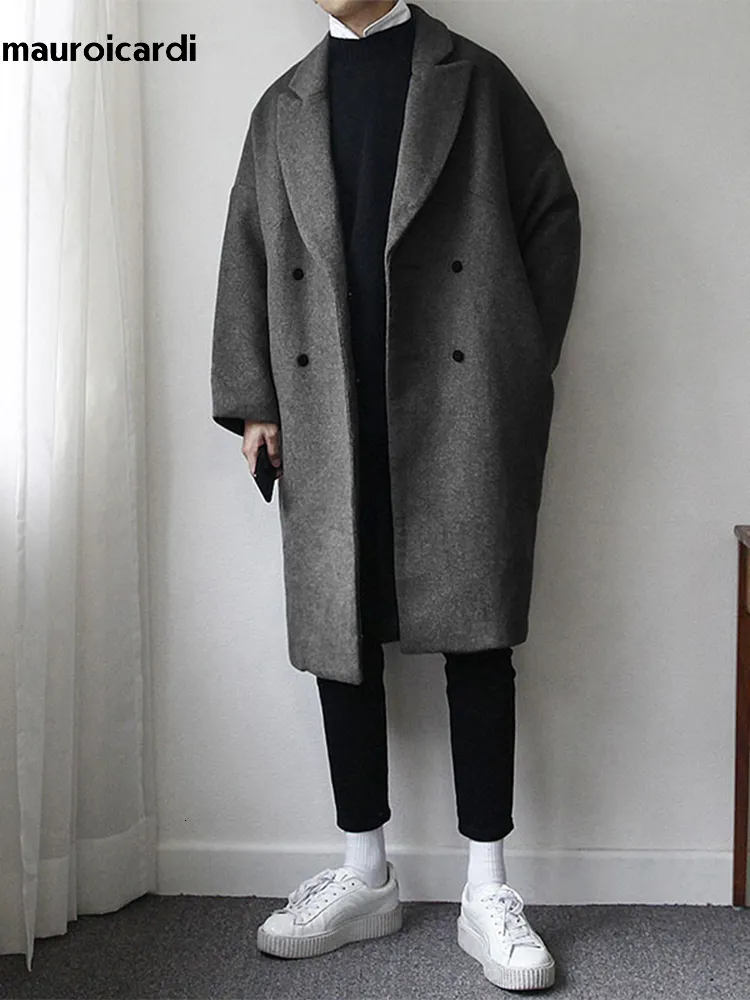 Uomo Misto Lana Mauroicardi Autunno Inverno Allentato Casual Grigio Nero Morbido Caldo Cappotto di Lana Uomo Risvolto Doppio Petto Moda Coreana 230818