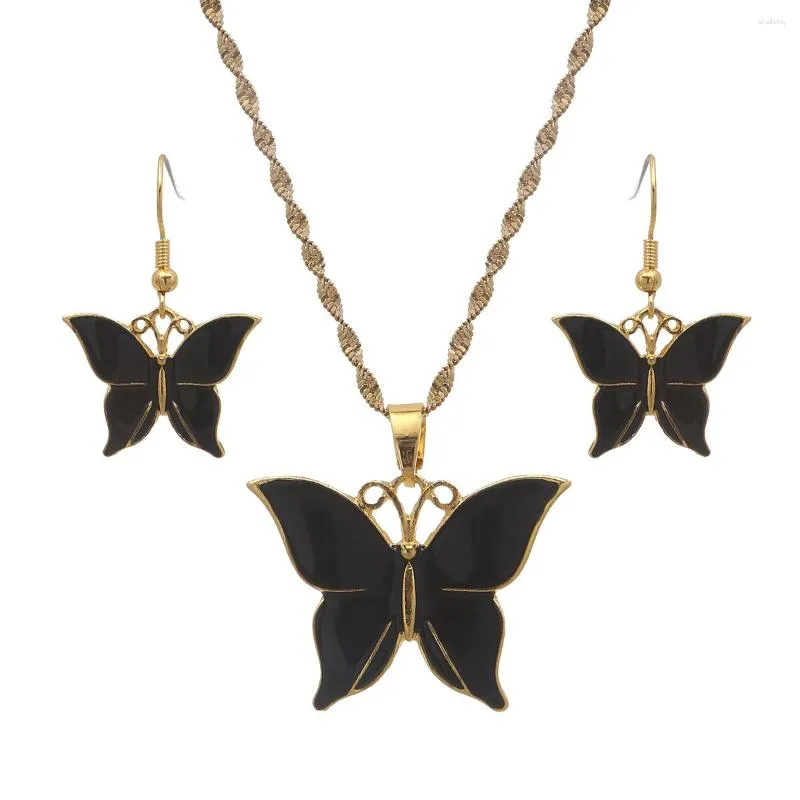 Halskette Ohrringe Set Black Butterfly Anhänger Kettenhalle Ring für Frauen Mädchen Afrikanische Party Geschenk
