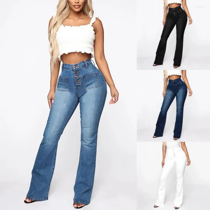 Women's Jeans Fashion Tight Button Patch Pocket Wash Long Pants Spring Autumn Ladies Flare High Stretch