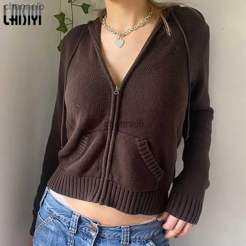 Tees Knits Tees Laisiyi Vintage Brown Solid Hooded Sweters Kobiety jesienne zimowe latarnia rękaw z suwakiem Kurtka kardigan z kapturem 2023 TOPS HKD230821