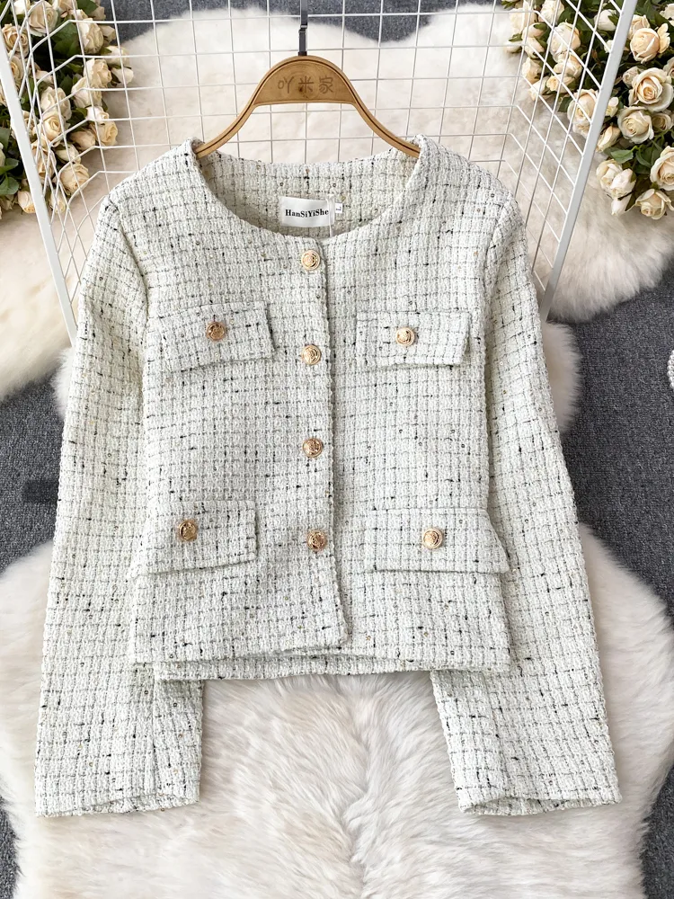 【I AM MARI】24FW★ Kelberin Tweed Heart Neck Puff Short JK XFPV Womens Sweet Round Neck Dress Jackets For Women High