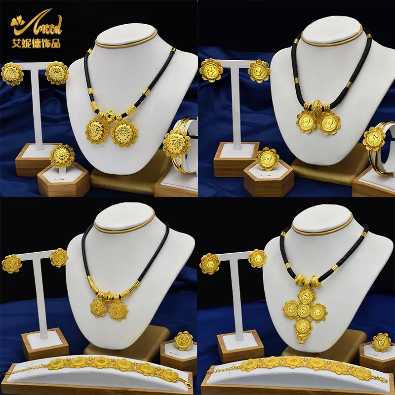 Earrings Necklace Luxury Gold Plated Bridal Jewelry Sets for Women Ethiopian Black Rope Coin Pendant Necklace Earrings Bracelet Ring Wedding Gift 230820