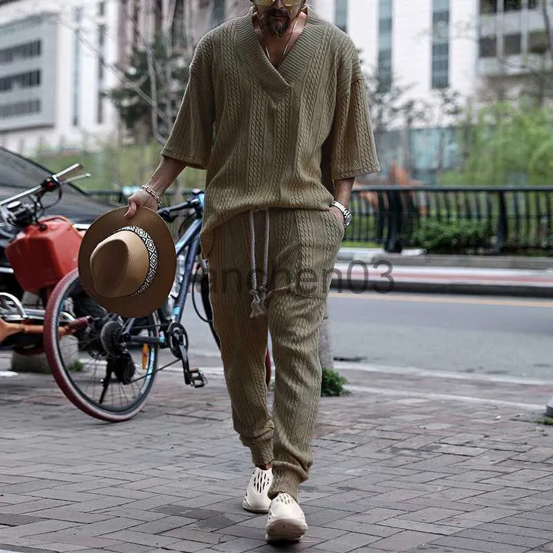 Men's Tracksuits Fashion Loose V Neck Sweater Two Piece Set Men Spring Summer Casual Solid Short Sleeve Knit Tops And Pants Suits Mens Streetwear J230821
