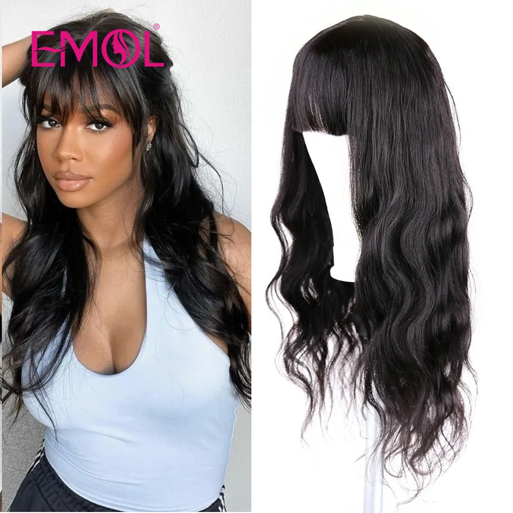Natural Black Body Wave Remy Indian Human Hair Wigs with Bangs Full Machine Made 8 30 inch