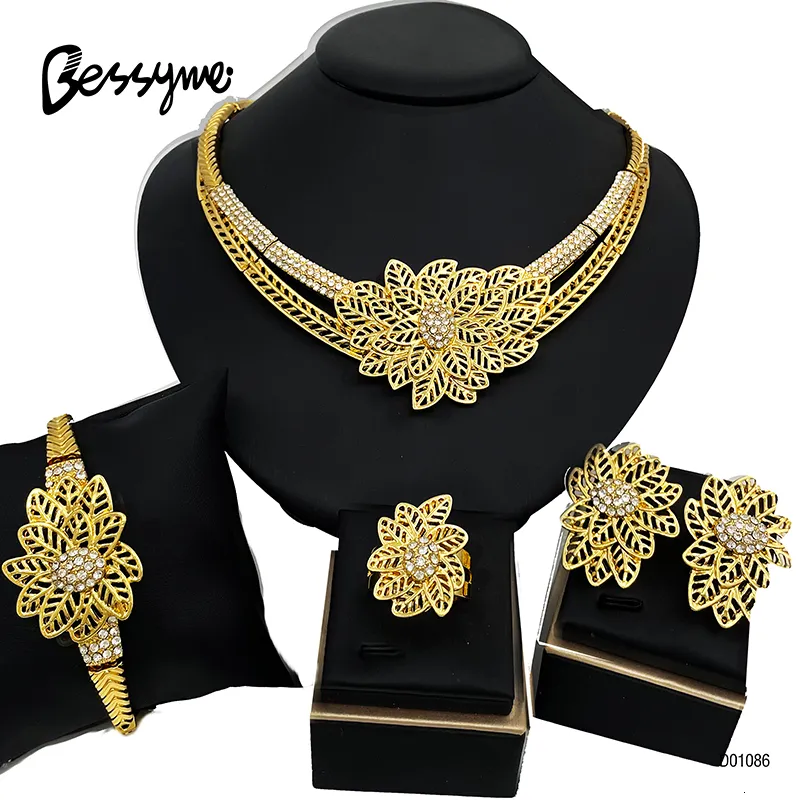 Серьги Ожерелье элегантное 18 -километровое золото, украшенные ювелирными украшениями, набор салон листьев серьги браслеты кольцо 4 шт.