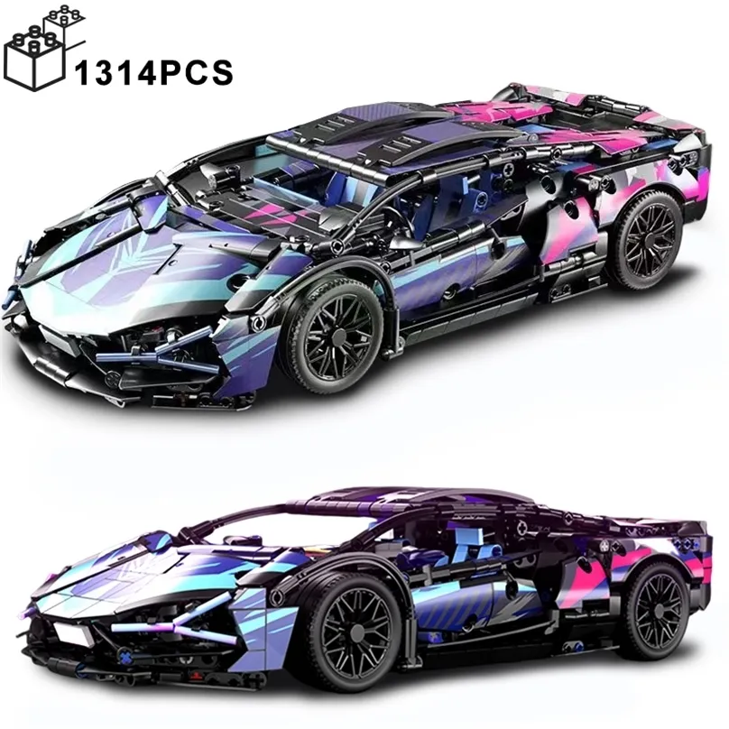 Blöcke 1314pcs Black Purple Lamborghinisierte Sian Sportauto -Bausteine ​​Montage Rennfahrzeug Ziegel Spielzeug Geburtstagsgeschenk für Kid Boy 230818