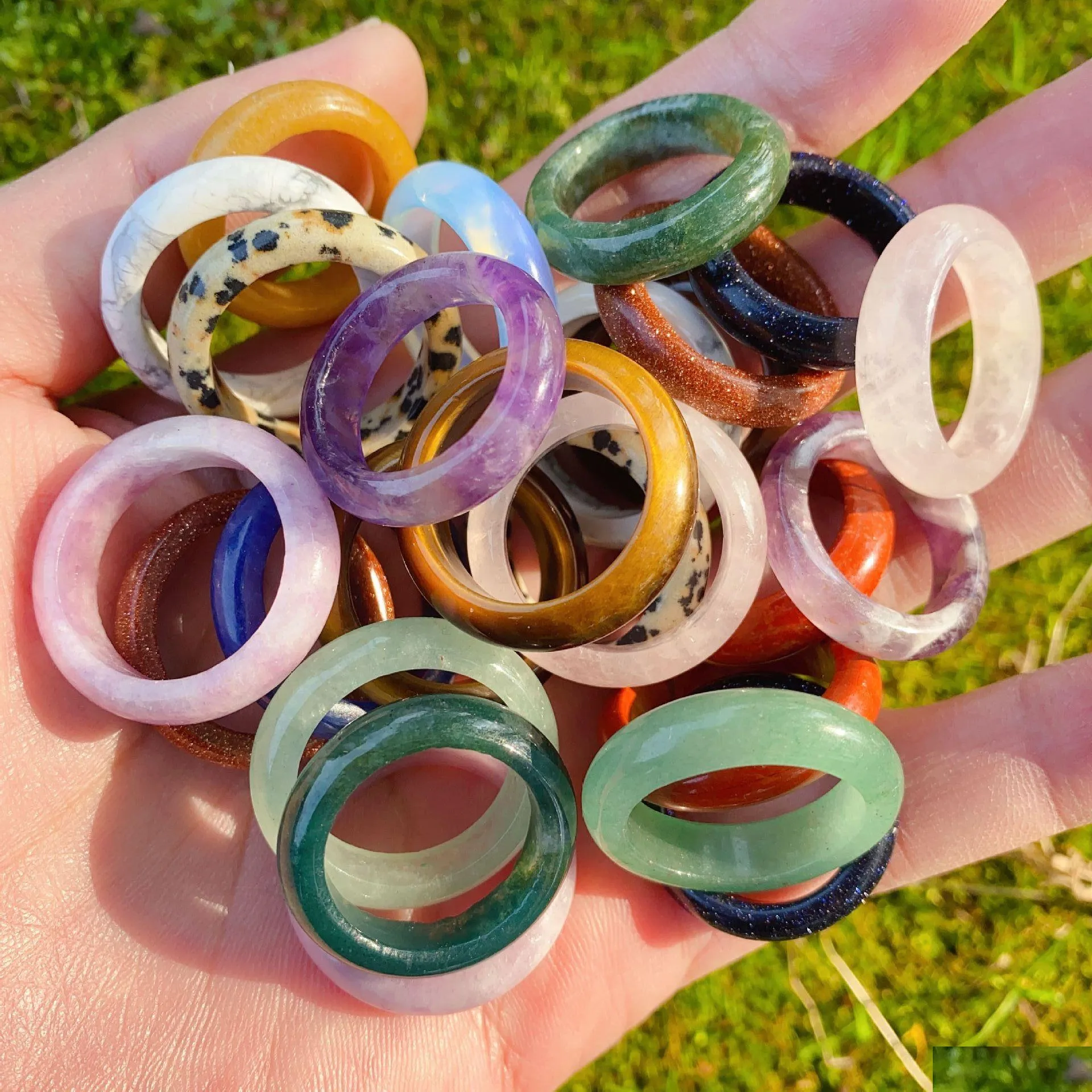 Band Rings Width 6Mm Natural Crystal Stone Ring Aventurine