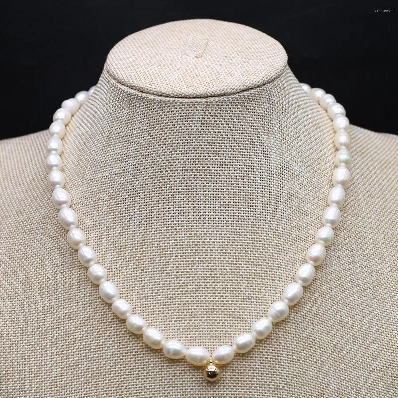 Chains Natural Freshwater Pearl Rice Bead Necklace Small Round Ball Golden Color Pendant Copper Clasp Charm Women Jewelry Wedding