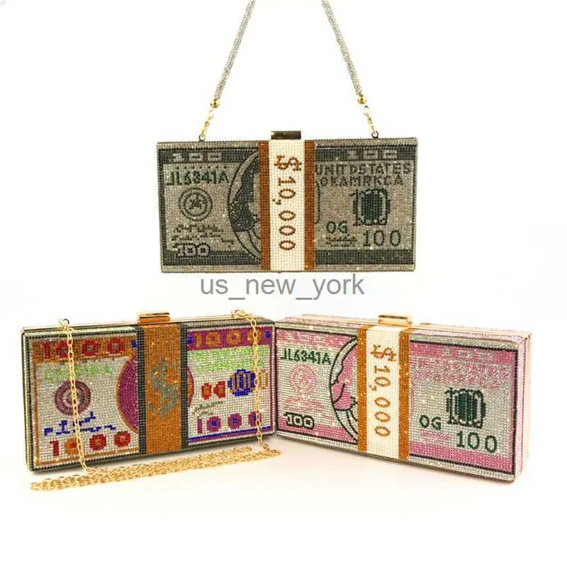 Evening Bags Money Clutch Rhinestone Purse 10000 Dollars Stack of Cash Evening Handbags Shoulder Wedding Dinner Bag HKD230821