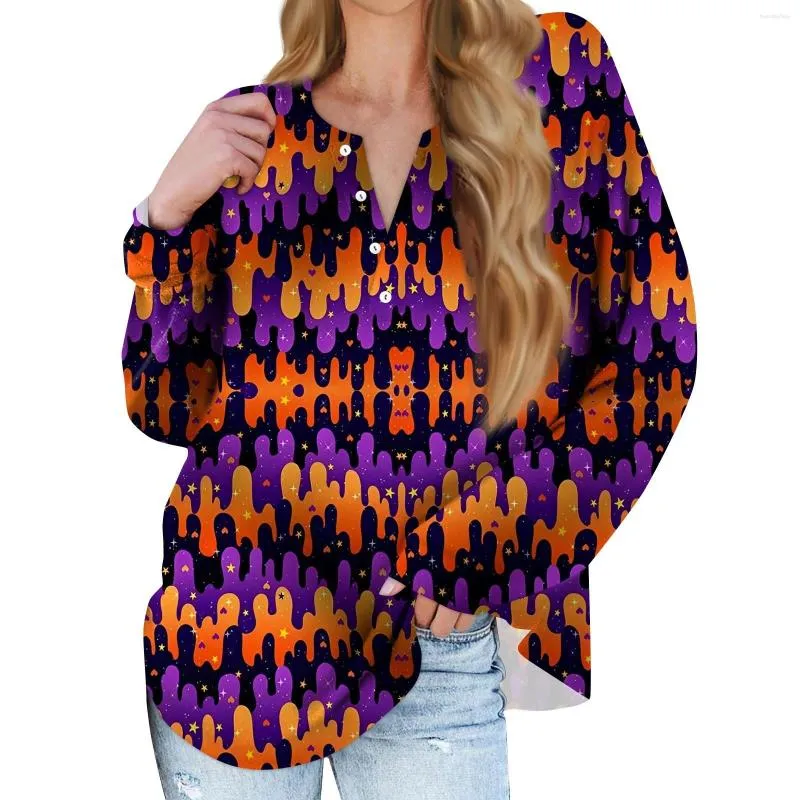 Kvinnors T-skjortor kvinnor toppar roliga halloween blus pumpa bat tryck långärmad avslappnad v-ringning gotisk mode streetwear pullover