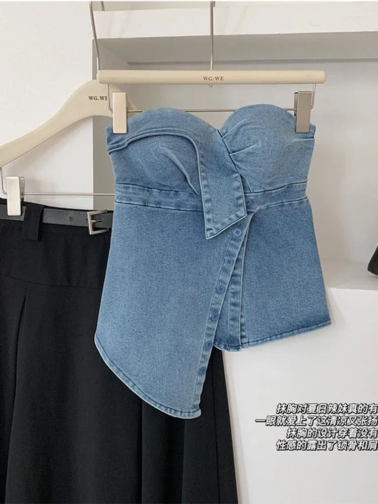 Kvinnors tankar Summer Women Coquette Girl Jeans Tube Top With Chest Pad Design Denim Crop Tops 2000s estetiska streetwear y2k gyaru vintage