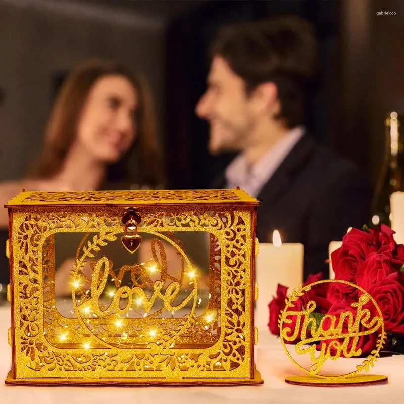 Zapasy imprezowe Ourwarm Gold Wedding Card Box z blokadą drewnianą uchwyt na prezenty przezroczysty akryl i światło sznurkowe do dekoracji