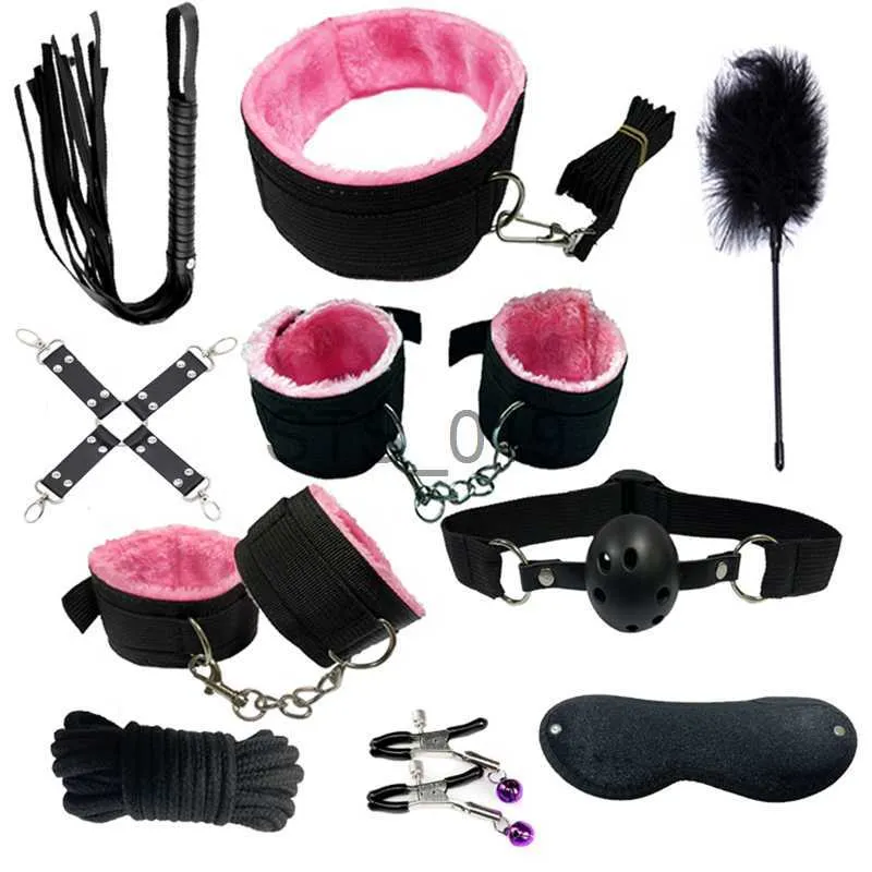 Andere Gesundheits Schönheitsartikel 10pcs/Set Leder für Erwachsene Erotik BDSM Kits Bondage Handschellen Peitsche Gag SM Nippelklemmen x0821 x0821