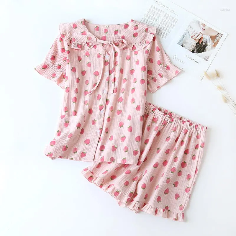 Kadın pijama bayanlar yaz 2pcs pijamalar set tatlı şeftali baskı gece kıyısı sevimli fırfırlar salonu pijama kısa şort pamuk ev kıyafeti