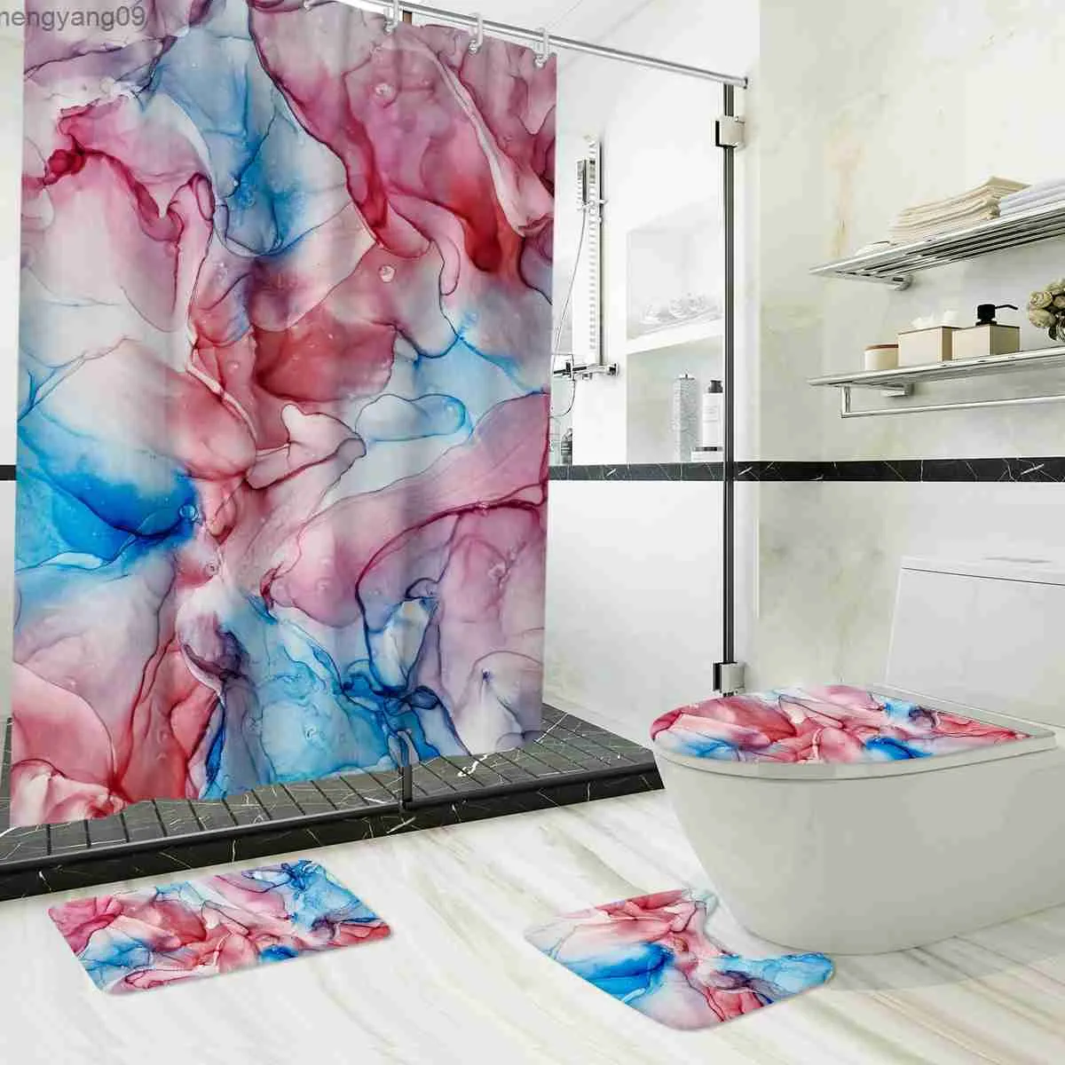 Cortinas de ducha Estampado de manchas de mármol Juego de cortinas de ducha largas Juego de alfombrillas de baño Cubierta de inodoro Alfombra de baño antideslizante Decoración de bañera impermeable con R230821