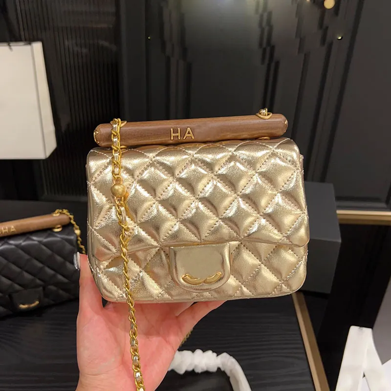 Womens Designer Classic Flap Bag with Gold Metal Hardware